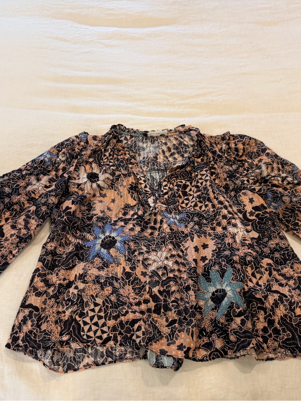 Ulla Johnson Black & Tan Floral Peasant Blouse with Blue Accents